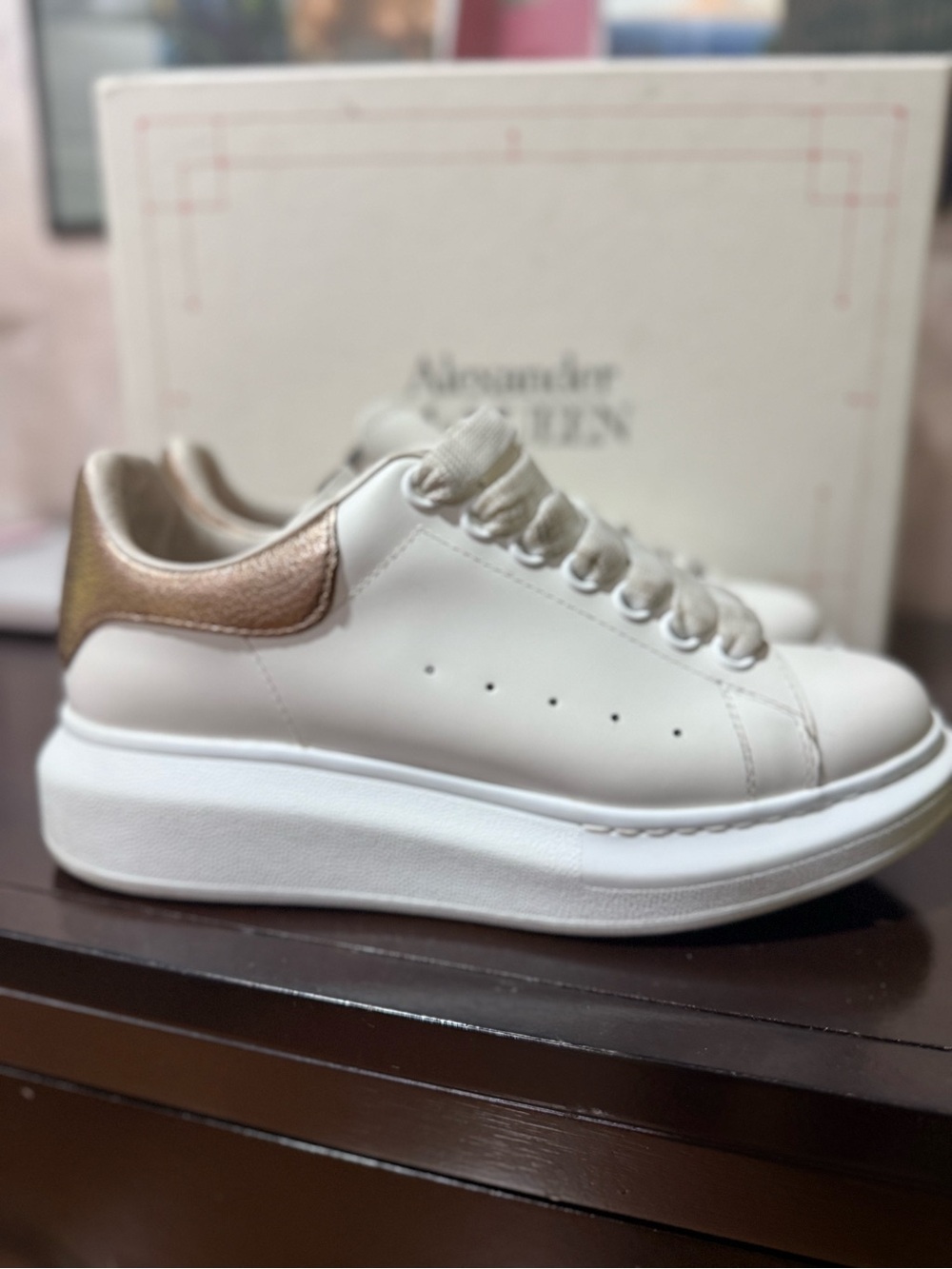Alexander McQueen White Leather Platform Sneaker with Metallic Rose Heel Tab